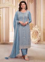 Georgette Sky Blue Wedding Wear Embroidery Work Straight Suit